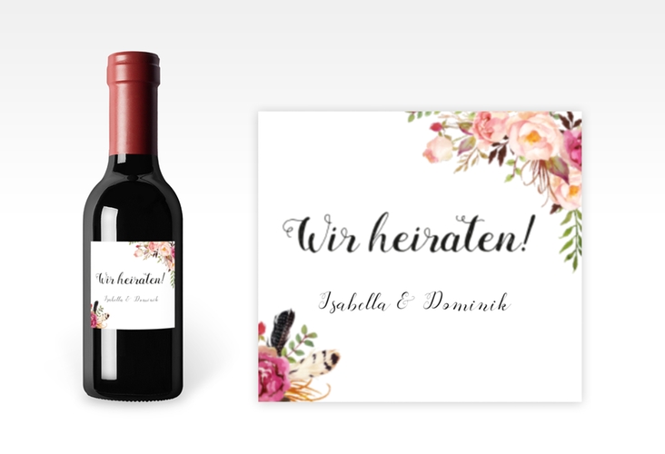 Piccoloetikett Hochzeit Flowers Etikett Piccolo weiss mit bunten Aquarell-Blumen