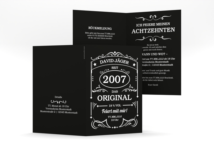 Einladung Geburtstag Guter Jahrgang A6 Klappkarte hoch schwarz wie Whisky-Flaschenetikett