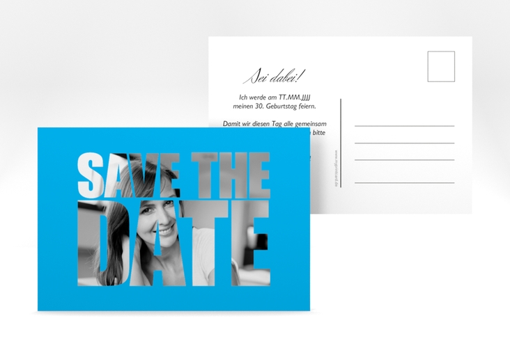 Save the Date-Postkarte Geburtstag Jahreszahl A6 Postkarte blau hochglanz