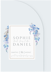 Klick: Details zu Hochzeitseinladung "Blauregen" anzeigen Hochzeitseinladung Blauregen mittlere Bogen-Wickelfalzkarte blau mit Wisteria-Blüten