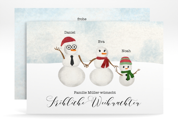 Weihnachtskarte Snowman Family A6 Karte quer für Weihnachtsgrüße mit Familienfoto