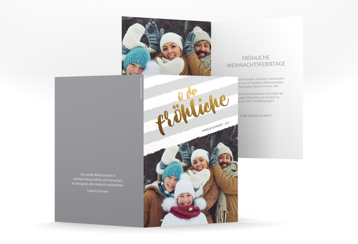 Weihnachtskarte Weihnachtslied A6 Klappkarte hoch grau hochglanz gestreift mit Familienfoto