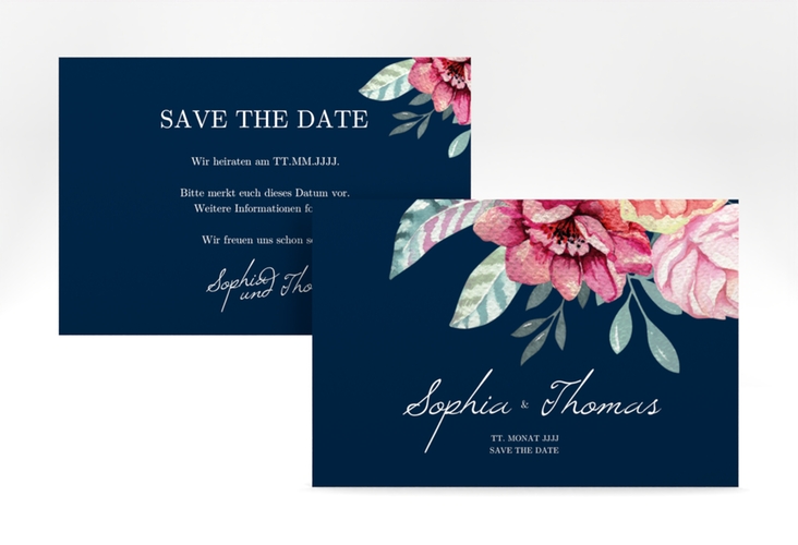 Save the Date-Karte Blooming A6 Karte quer blau hochglanz