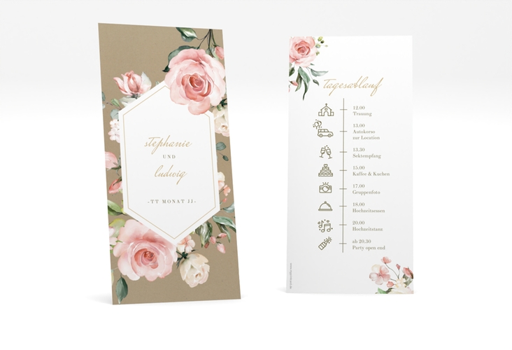 Tagesablauf Hochzeit Graceful lange Karte hoch Kraftpapier mit Rosenblüten in Rosa und Weiß