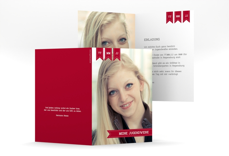 Einladung Jugendweihe Youthful A6 Klappkarte hoch rot hochglanz mit eigenem Foto