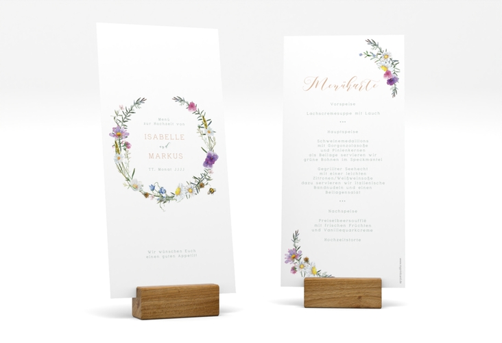 Menükarte Hochzeit Blumengarten lange Karte hoch weiss mit Blumenkranz und Hummel