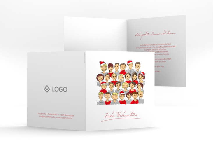 Business-Weihnachtskarte Team quadr. Klappkarte hochglanz und weiß mit Illustration der Firmenbelegschaft