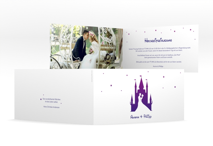 Hochzeitseinladung Castle lange Klappkarte quer lila hochglanz