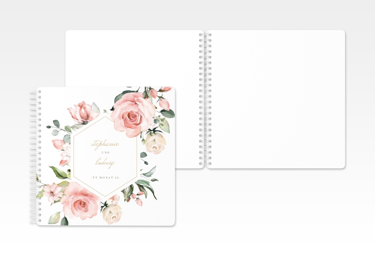 Gästebuch Hochzeit Graceful Ringbindung weiss mit Rosenblüten in Rosa und Weiß