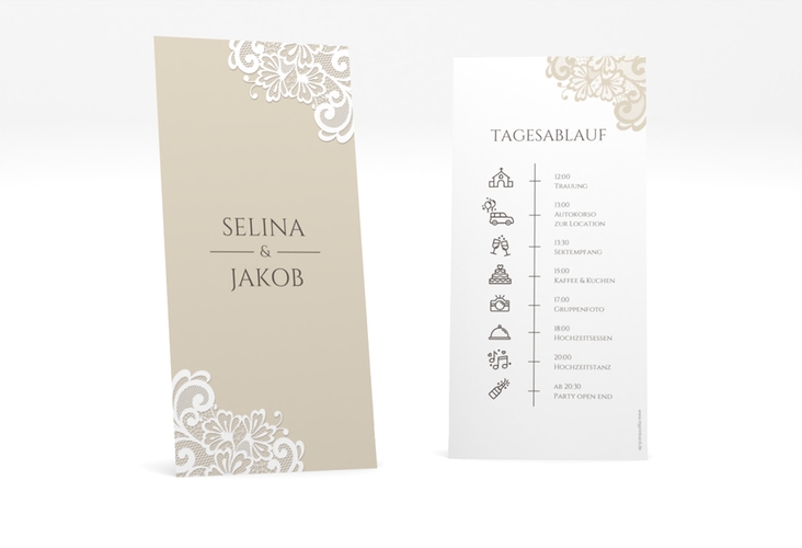Tagesablauf Hochzeit Vintage lange Karte hoch mit floraler Spitze