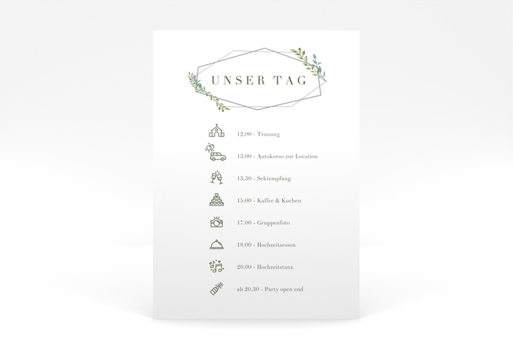Tagesablauf Poster Hochzeit Herbarium 50 x 70 cm Poster grau mit geometrischem Rahmen und Blätter-Dekor