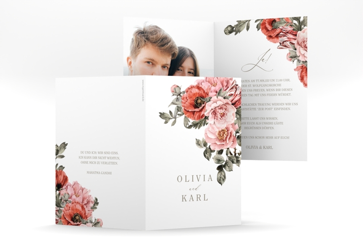 Einladungskarte Hochzeit Grazioso A6 Klappkarte hoch hochglanz modern mit Mohnblumen und Rosen