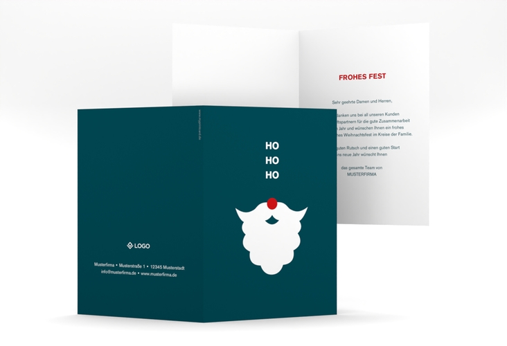 Business-Weihnachtskarte Hohoho A6 Klappkarte hoch blau humorvoll mit Nikolausbart
