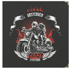 Klick: Details zu Gästebuch Selection Hochzeit "Biker" anzeigen Gästebuch Selection Hochzeit Biker Leinen-Hardcover schwarz mit Rocker-Paar auf Motorrad