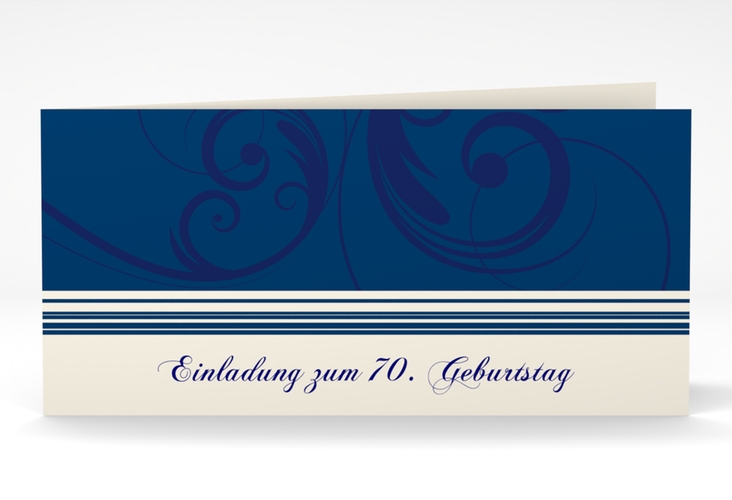 Einladung 70. Geburtstag Katharina lange Klappkarte quer blau hochglanz