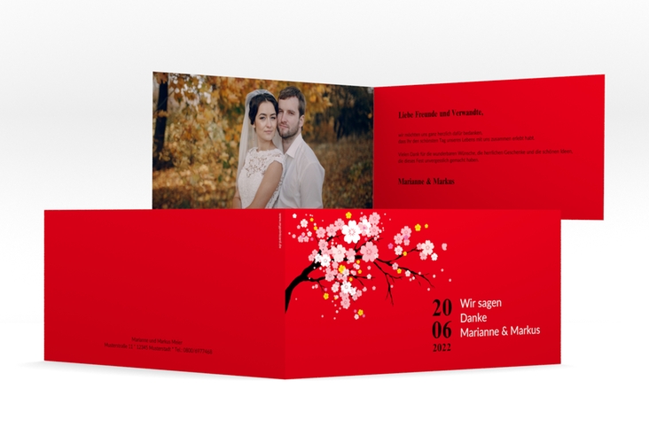 Danksagungskarte Hochzeit Sakura lange Klappkarte quer rot hochglanz