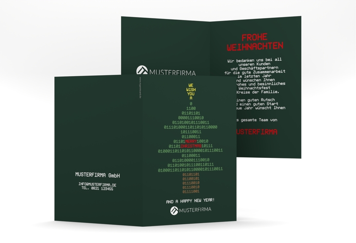 Geschäftliche Weihnachtskarte Binär A6 Klappkarte hoch gruen hochglanz mit Weihnachtsbaum aus Binärzahlen