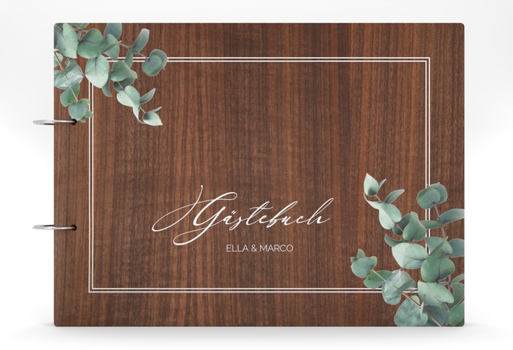 Gästebuch Holzcover Nussbaum Eucalypt Holz-Cover, bedruckt braun mit Eukalyptus und edlem Rahmen