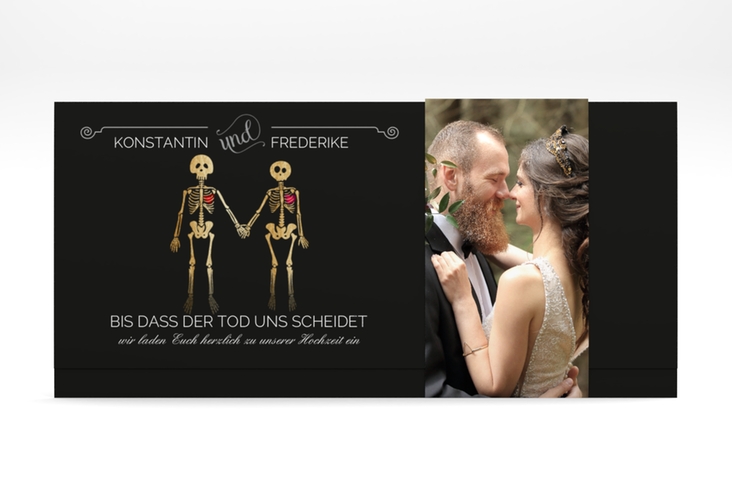Hochzeitseinladung "Bones" DIN lang Wickelfalz schwarz