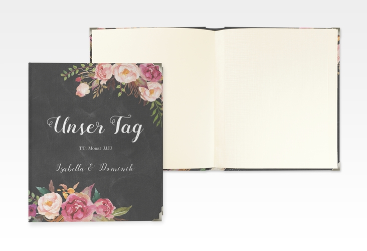 Hochzeitsalbum Flowers 21 x 25 cm schwarz mit bunten Aquarell-Blumen