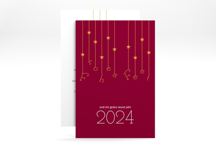 Business-Weihnachtskarte Windspiel A6 Karte hoch rot schlicht mit Sternchen-Girlande und Jahreszahl