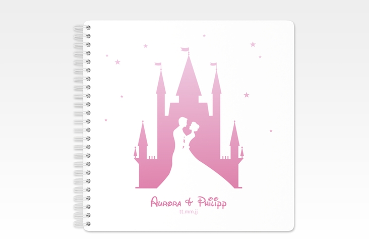 Gästebuch Hochzeit Castle Ringbindung rosa mit Silhouette von Märchenschloss mit Prinz und Prinzessin