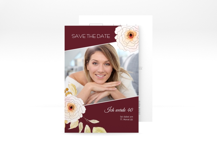 Save the Date-Postkarte Geburtstag Fleur A6 Postkarte rot hochglanz