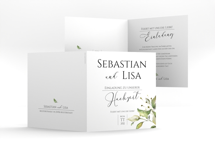 Hochzeitseinladung Leaves quadr. Klappkarte weiss hochglanz
