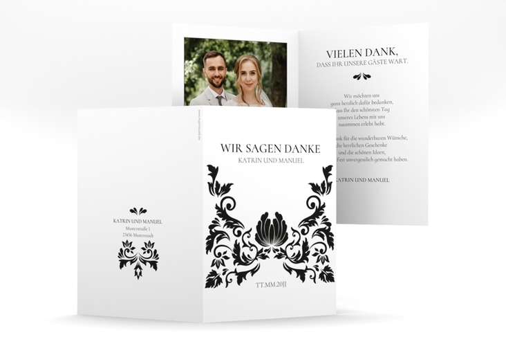 Danksagungskarte Hochzeit Royal A6 Klappkarte hoch weiss mit barockem Blumen-Ornament
