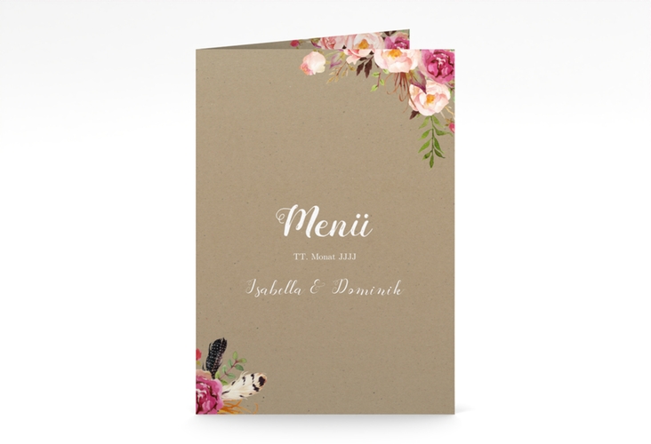 Menükarte Hochzeit Flowers A5 Klappkarte hoch Kraftpapier hochglanz mit bunten Aquarell-Blumen