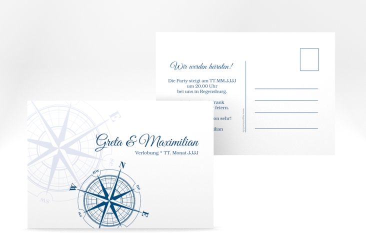 Verlobungskarte Hochzeit Windrose A6 Postkarte blau