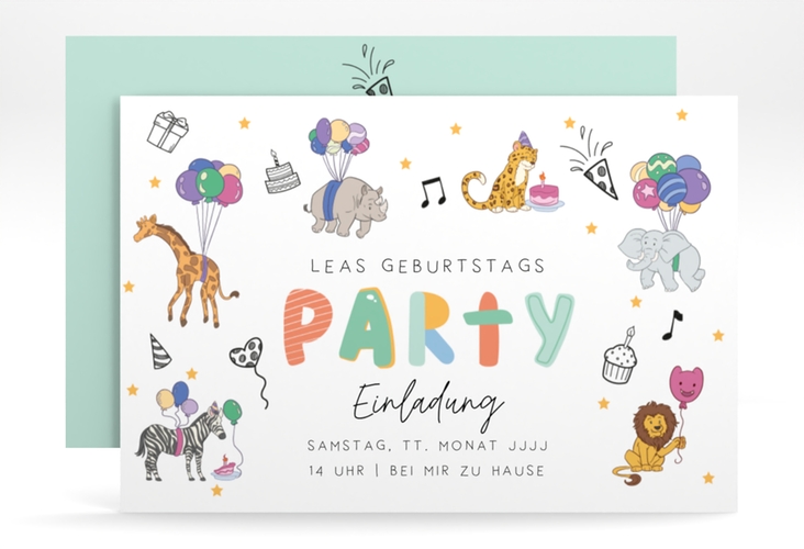 Einladungskarte Kindergeburtstag Partytier A6 Karte quer bunt mit lustigen Zootieren und Luftballons