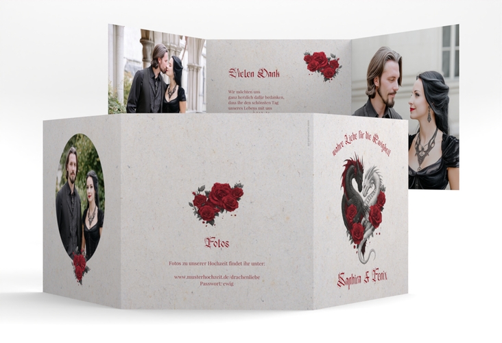 Danksagungskarte Hochzeit Drachenliebe quadr. Doppel-Klappkarte grau mit schwarzem und weißem Drachen zu einem Herz verschlungen