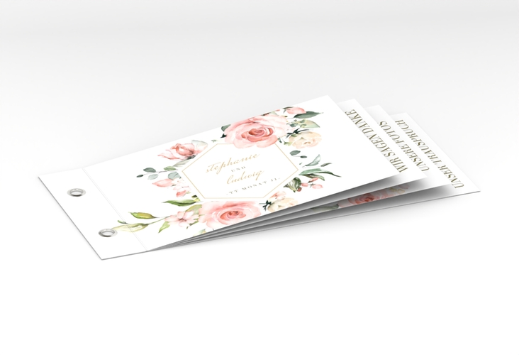 Danksagungskarte Hochzeit Graceful Booklet weiss mit Rosenblüten in Rosa und Weiß