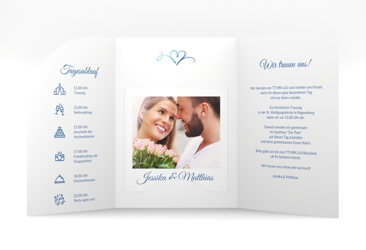 Hochzeitseinladung Envie mittlere Bogen-Wickelfalzkarte blau hochglanz
