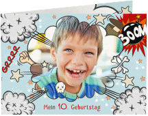 Einladungskarte Kindergeburtstag Bang A6 Klappkarte quer im lustigen Comic-Stil