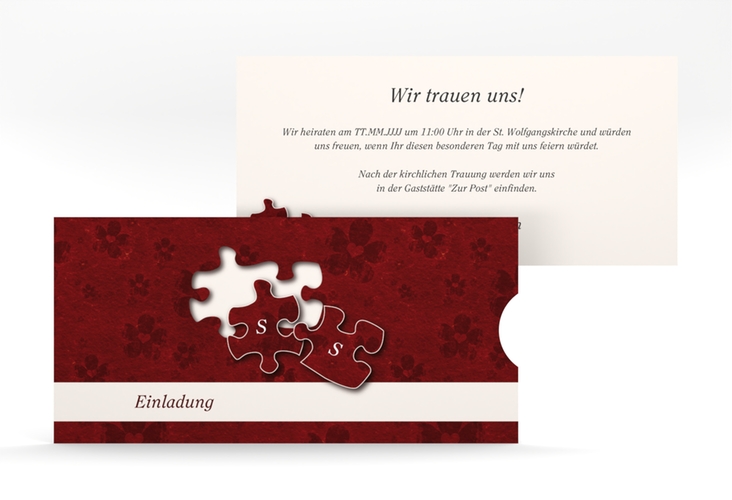 Hochzeitseinladung Ravensburg Einsteckkarte rot mit zwei Puzzleteilen