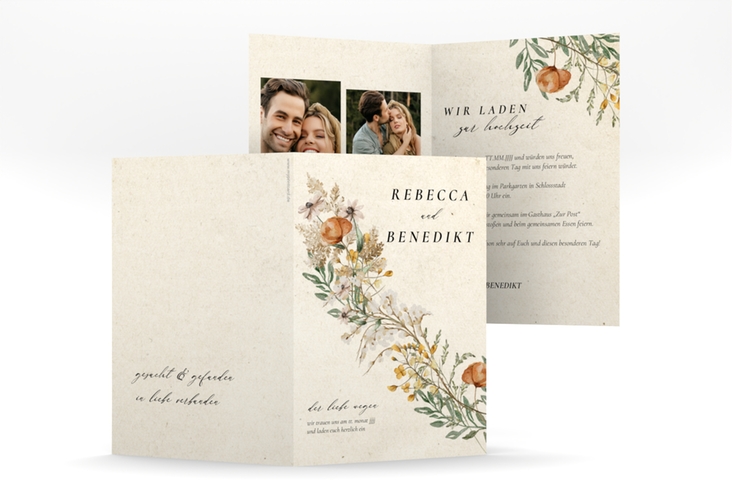 Einladungskarte Hochzeit Wildfang A6 Klappkarte hoch beige mit getrockneten Wiesenblumen
