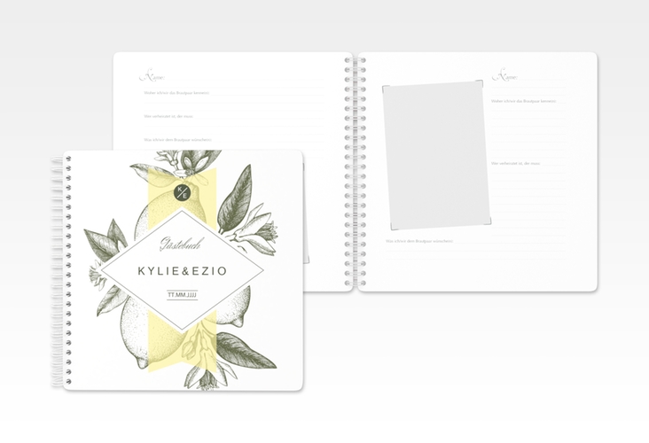 Gästebuch Hochzeit Lemon Ringbindung gelb mit mediterranem Zitronen-Kupferstich