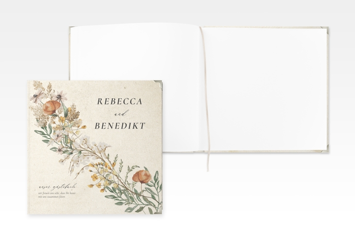 Gästebuch Selection Hochzeit Wildfang Leinen-Hardcover beige mit getrockneten Wiesenblumen