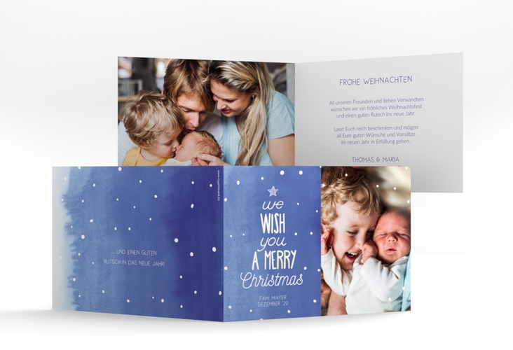 Weihnachtskarte Schneeglitzern A6 Klappkarte quer blau hochglanz im Handlettering-Stil mit Foto