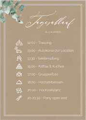 Klick: Details zu Tagesablauf Poster Hochzeit "Eucalypt" anzeigen Tagesablauf Poster Hochzeit Eucalypt 50 x 70 cm Poster Kraftpapier mit Eukalyptus und edlem Rahmen