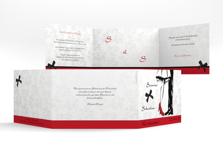 Hochzeitseinladung Straßburg A6 Doppel-Klappkarte rot hochglanz mit Rockabilly-Brautpaar