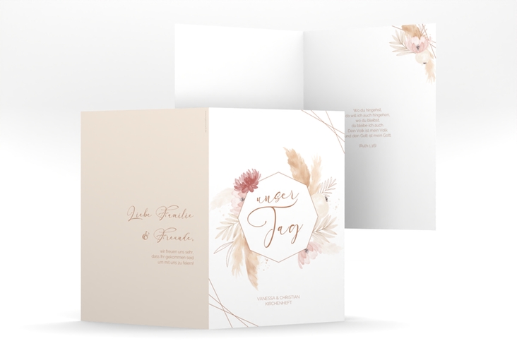 Kirchenheft Hochzeit Bohostyle A5 Klappkarte hoch beige hochglanz mit Pampasgras in Aquarell