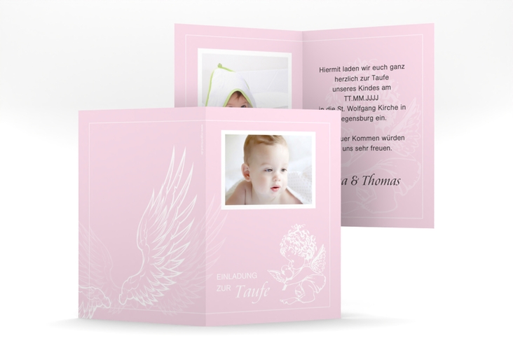 Einladungskarte Taufe Angel A6 Klappkarte hoch rosa hochglanz