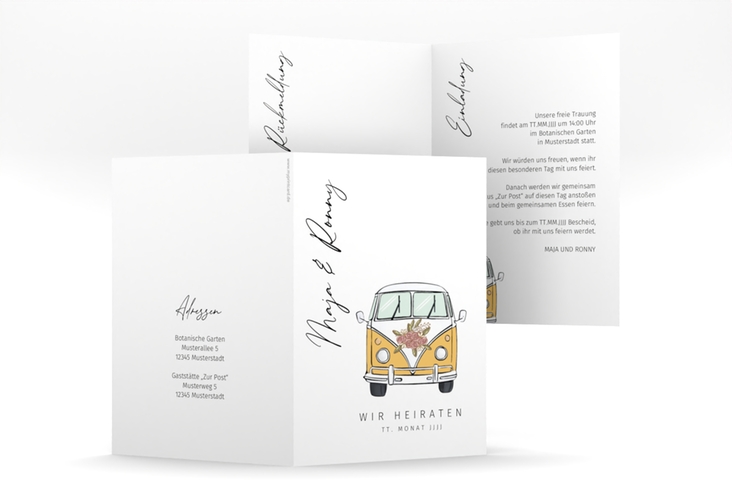 Einladungskarte Hochzeit Hochzeitsbulli A6 Klappkarte hoch gelb mit Gräsern und Trockenblumen für Boho-Hochzeit