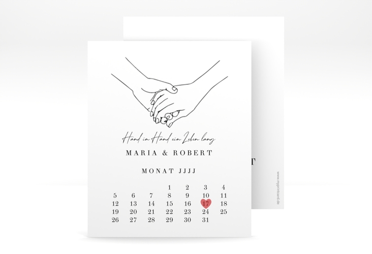 Save the Date-Kalenderblatt Hands Kalenderblatt-Karte weiss mit sich haltenden Händen im Monoline-Stil
