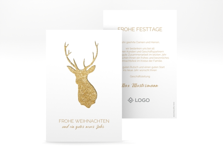 Geschäftliche Weihnachtskarte "Deer" A6 hoch und weiß mit Hirsch