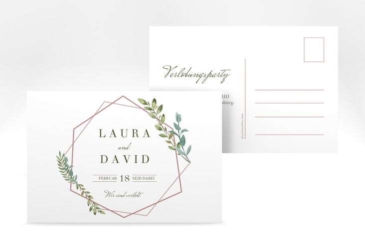 Verlobungskarte Hochzeit Herbarium A6 Postkarte rosa mit geometrischem Rahmen und Blätter-Dekor