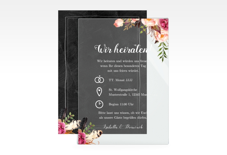 Acryl-Hochzeitseinladung Flowers Acrylkarte + Deckblatt hoch mit bunten Aquarell-Blumen